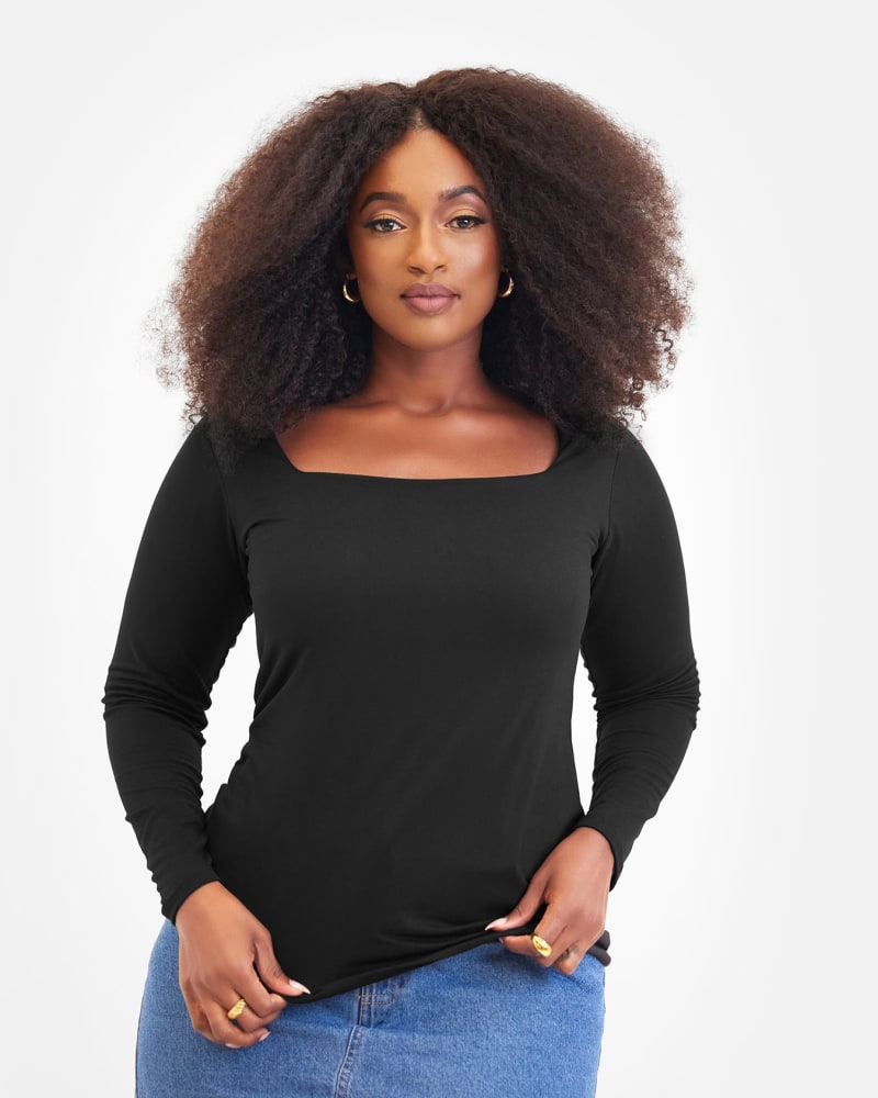 Front of a model wearing a size 3X Essential Square Neck Long Sleeve Top in Black by Rebdolls. | dia_product_style_image_id:321393